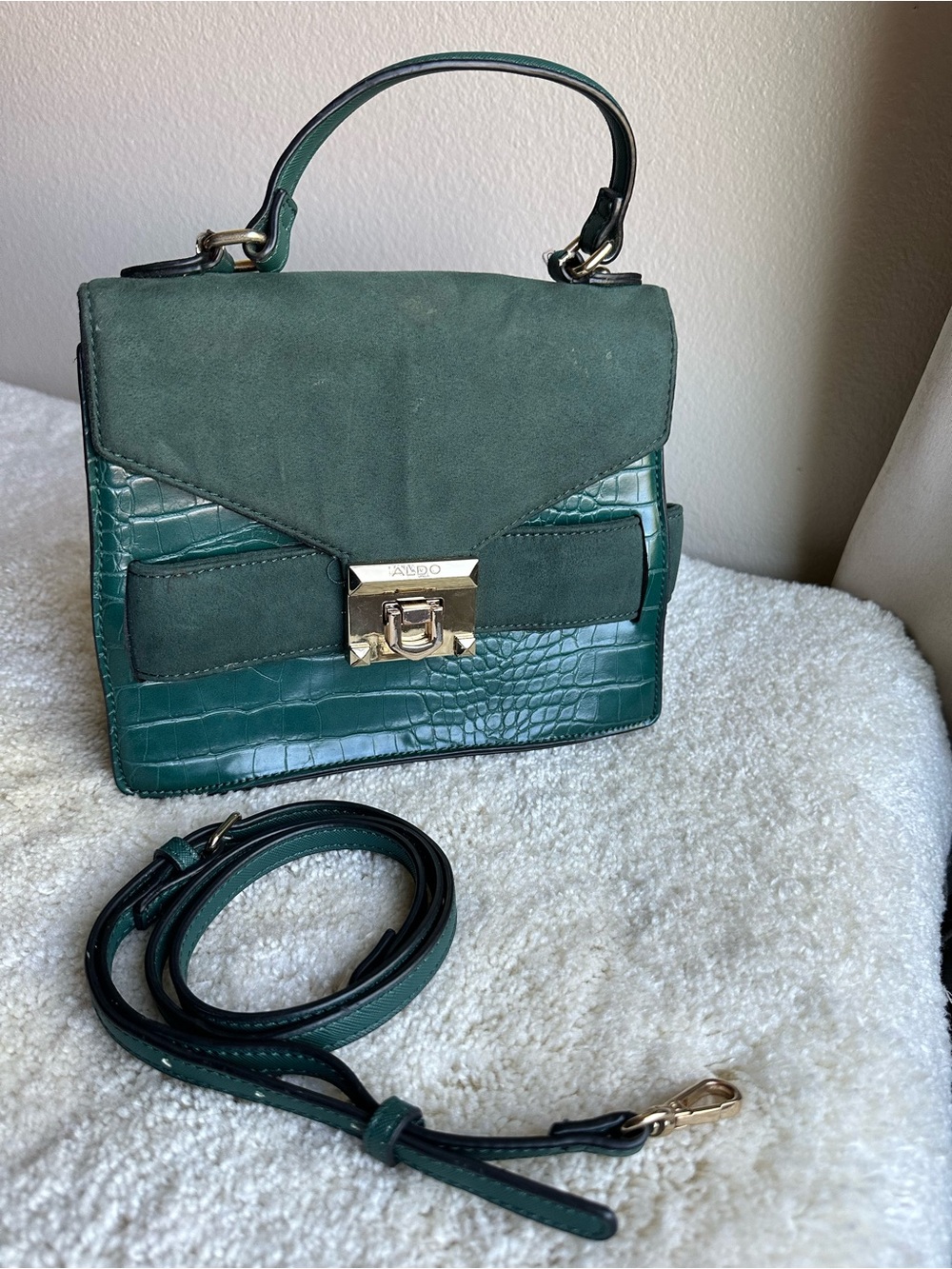 ALDO Dark Green Croc-Textured Top Handle Satchel with Gold Hardware